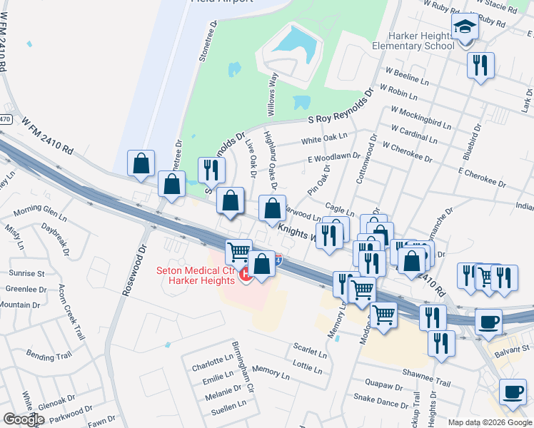map of restaurants, bars, coffee shops, grocery stores, and more near 101 East Briarwood Lane in Harker Heights