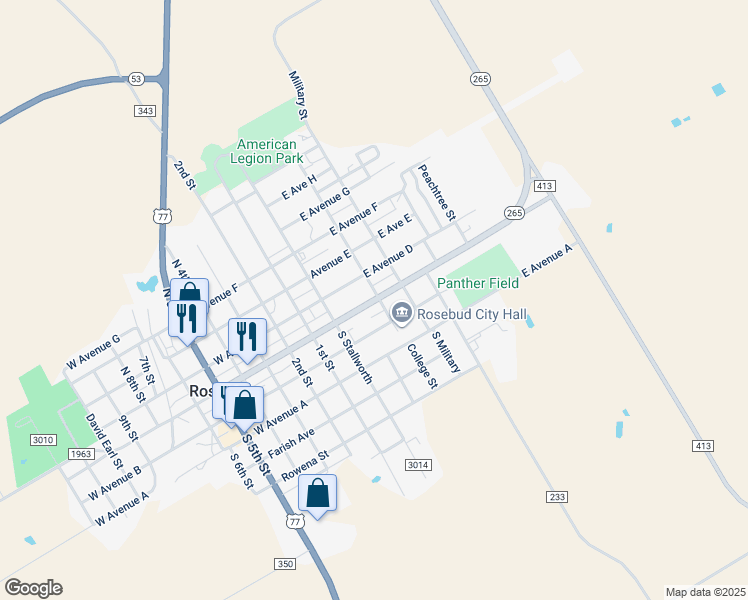 map of restaurants, bars, coffee shops, grocery stores, and more near 336 Main Street in Rosebud