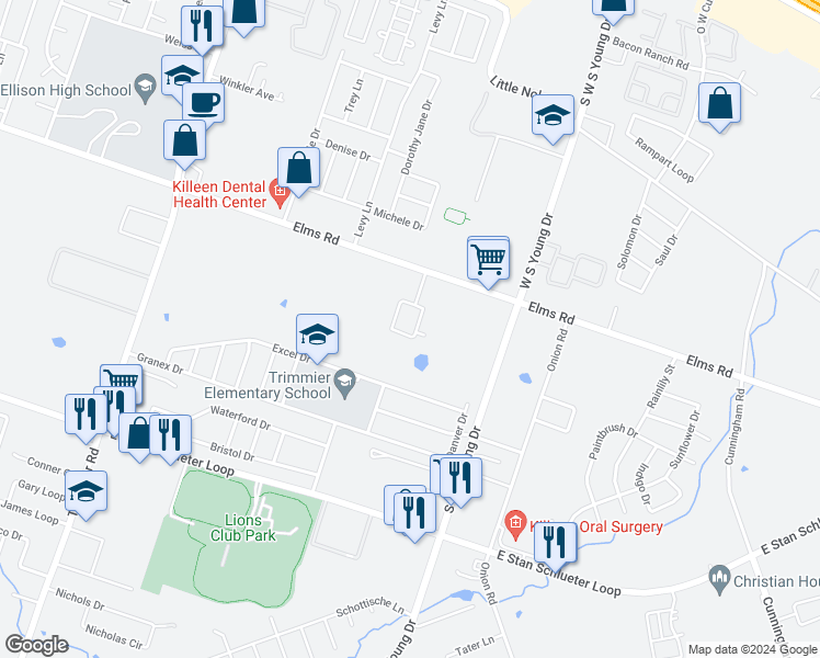 map of restaurants, bars, coffee shops, grocery stores, and more near 4109 Elms Run Circle in Killeen