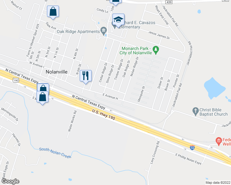 map of restaurants, bars, coffee shops, grocery stores, and more near 110 Cedar Ridge Drive in Nolanville