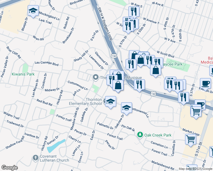 map of restaurants, bars, coffee shops, grocery stores, and more near 2905 Oakdale Drive in Temple