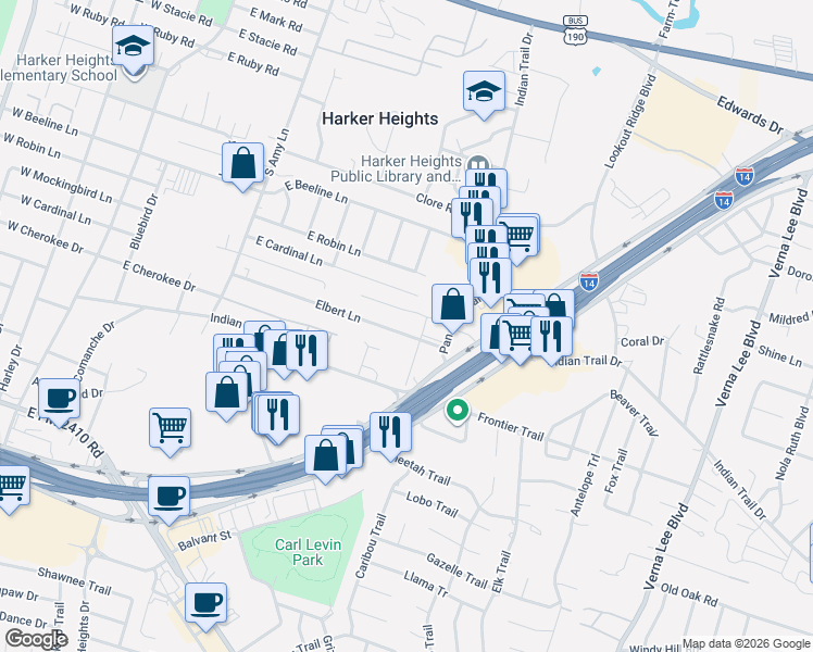 map of restaurants, bars, coffee shops, grocery stores, and more near 316 Jeff Gordon Drive in Harker Heights