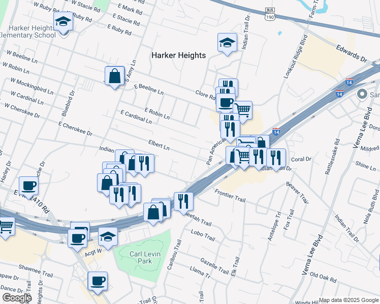 map of restaurants, bars, coffee shops, grocery stores, and more near 316 Jeff Gordon Drive in Harker Heights