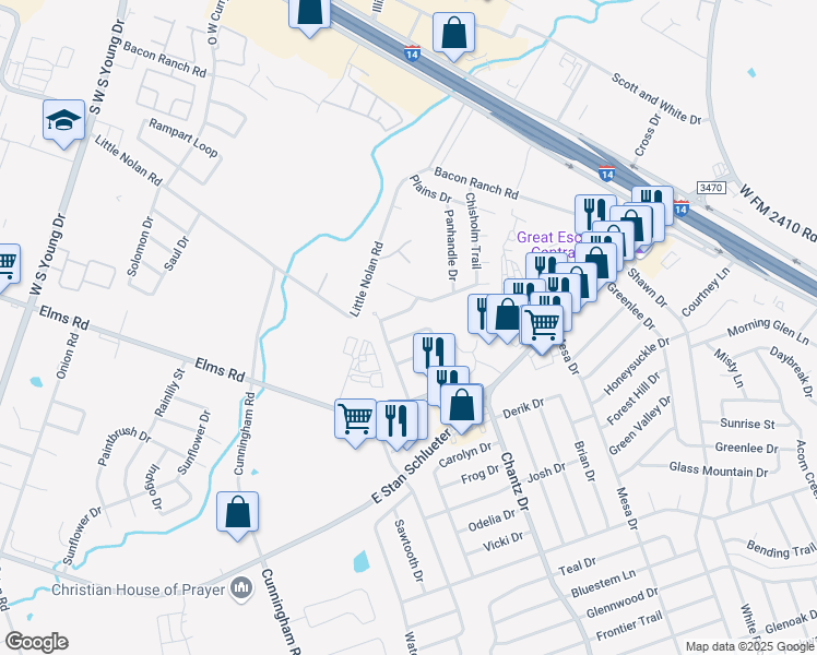 map of restaurants, bars, coffee shops, grocery stores, and more near 3420 Chisholm Trail in Killeen