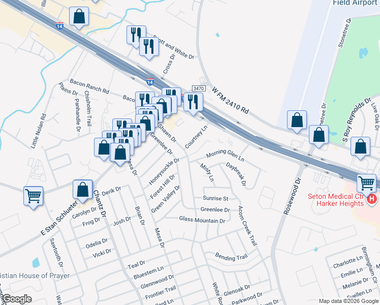 map of restaurants, bars, coffee shops, grocery stores, and more near 3106 Courtney Lane in Killeen