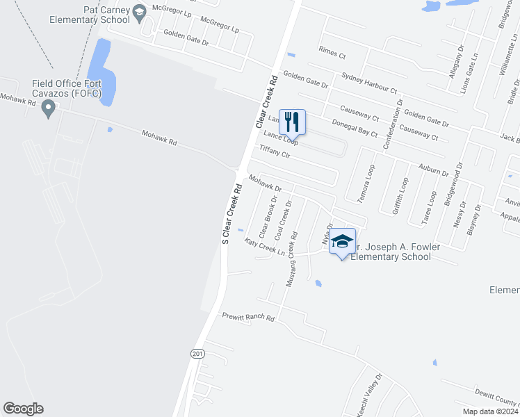 map of restaurants, bars, coffee shops, grocery stores, and more near 6404 Katy Creek Lane in Killeen