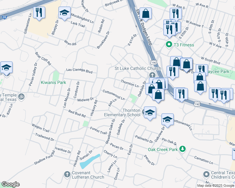 map of restaurants, bars, coffee shops, grocery stores, and more near 3302 Cottonwood Lane in Temple