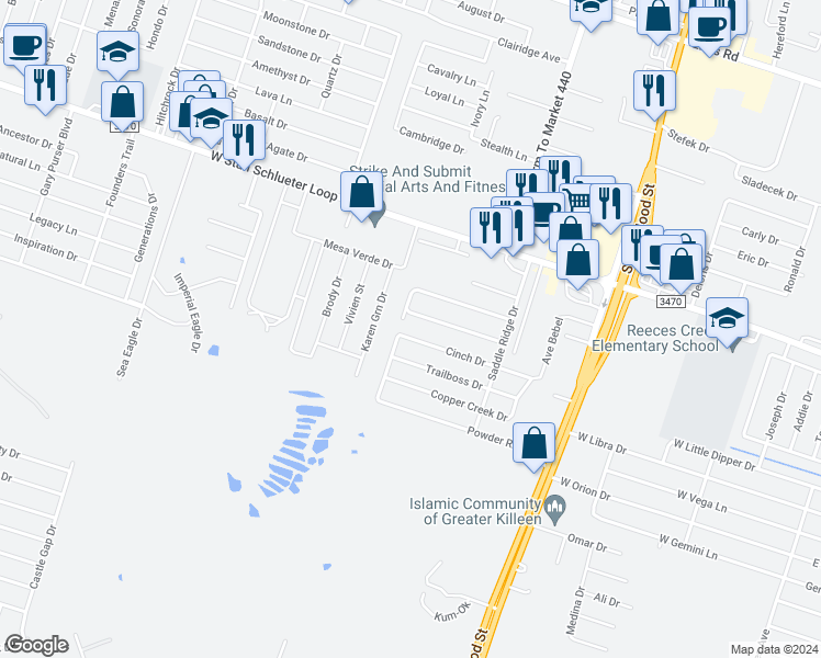 map of restaurants, bars, coffee shops, grocery stores, and more near 1503 Cinch Drive in Killeen