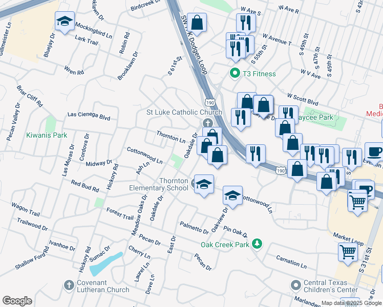 map of restaurants, bars, coffee shops, grocery stores, and more near 2909 Oakdale Drive in Temple