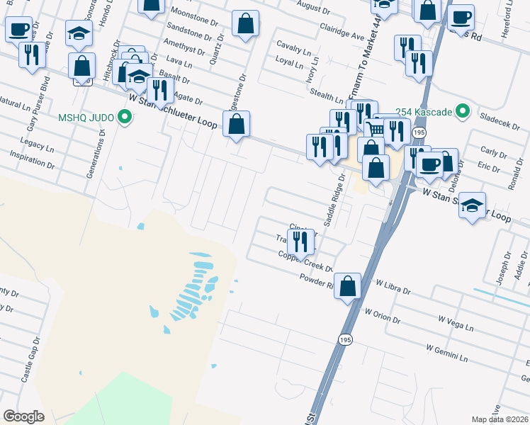 map of restaurants, bars, coffee shops, grocery stores, and more near 1501 Cinch Drive in Killeen