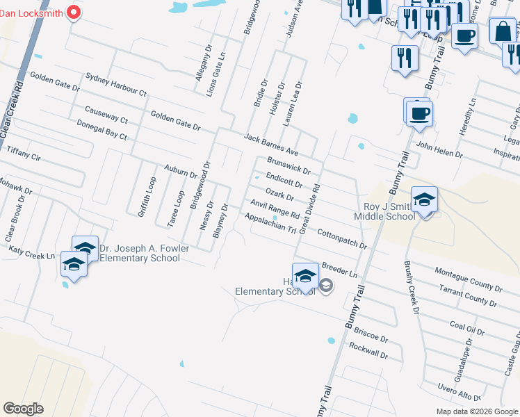 map of restaurants, bars, coffee shops, grocery stores, and more near 3910 Anvil Range Road in Killeen
