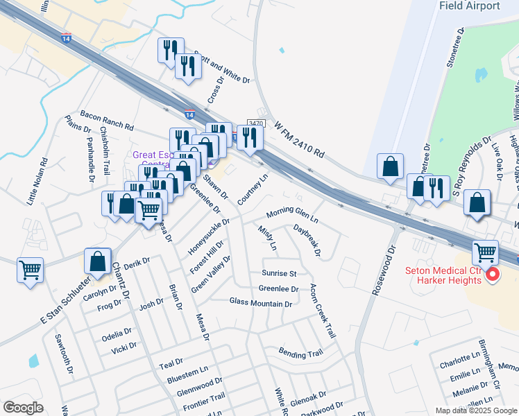 map of restaurants, bars, coffee shops, grocery stores, and more near 3008 Honeysuckle Circle in Killeen