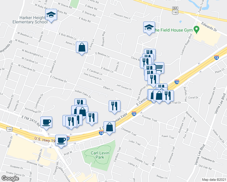 map of restaurants, bars, coffee shops, grocery stores, and more near 407 Elbert Lane in Harker Heights