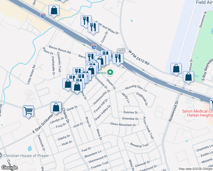 map of restaurants, bars, coffee shops, grocery stores, and more near 4301 Greenlee Drive in Killeen