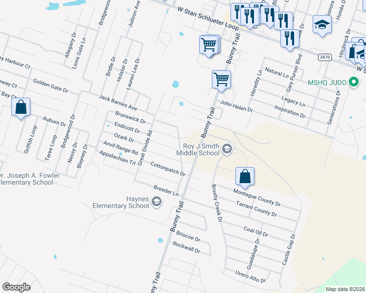map of restaurants, bars, coffee shops, grocery stores, and more near 6001 Bunny Trail in Killeen