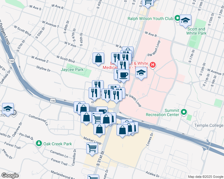 map of restaurants, bars, coffee shops, grocery stores, and more near 2510 South 31st Street in Temple