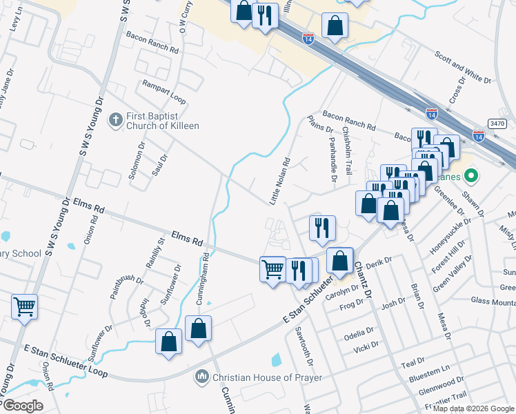 map of restaurants, bars, coffee shops, grocery stores, and more near 3303 Chisholm Circle in Killeen