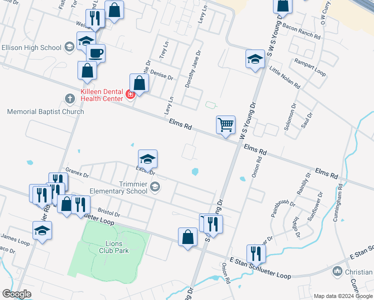 map of restaurants, bars, coffee shops, grocery stores, and more near 4103 Elms Run Circle in Killeen