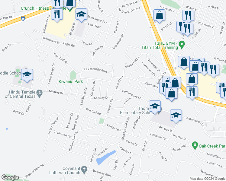 map of restaurants, bars, coffee shops, grocery stores, and more near 3106 Hickory Road in Temple