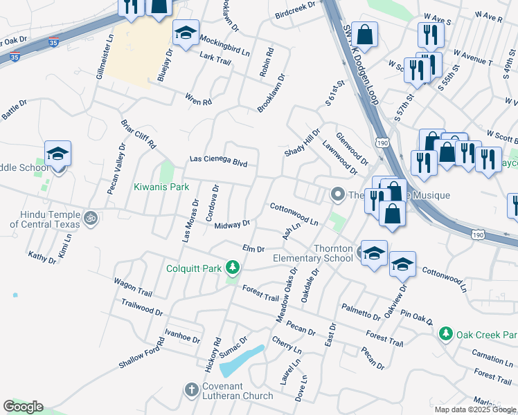 map of restaurants, bars, coffee shops, grocery stores, and more near 3106 Hickory Road in Temple