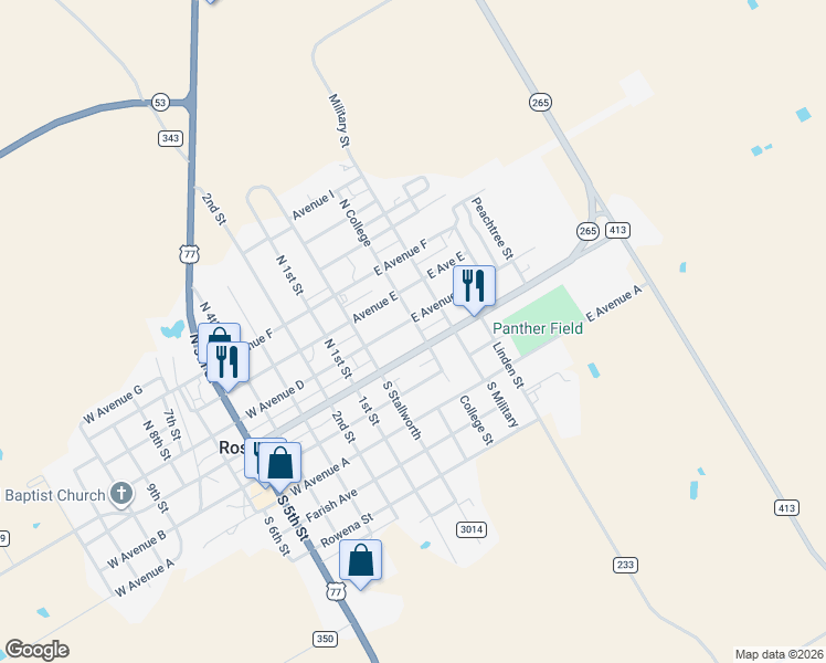 map of restaurants, bars, coffee shops, grocery stores, and more near 402 Main Street in Rosebud