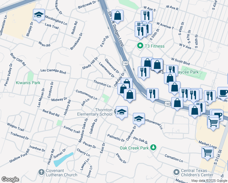 map of restaurants, bars, coffee shops, grocery stores, and more near 2905 Oakdale Drive in Temple