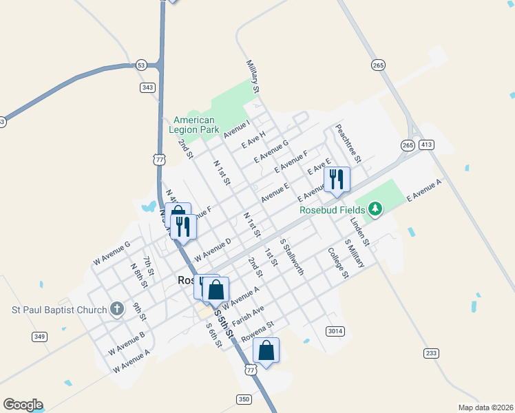 map of restaurants, bars, coffee shops, grocery stores, and more near 213 North Stallworth in Rosebud