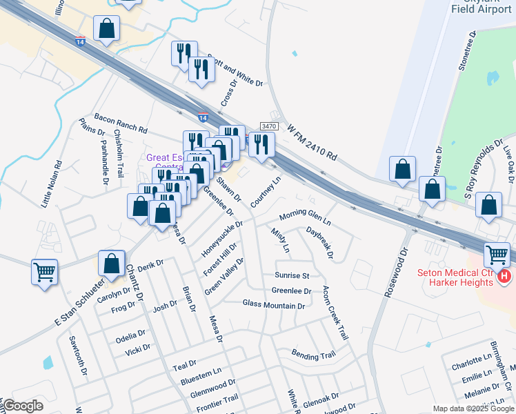 map of restaurants, bars, coffee shops, grocery stores, and more near 3106 Courtney Lane in Killeen