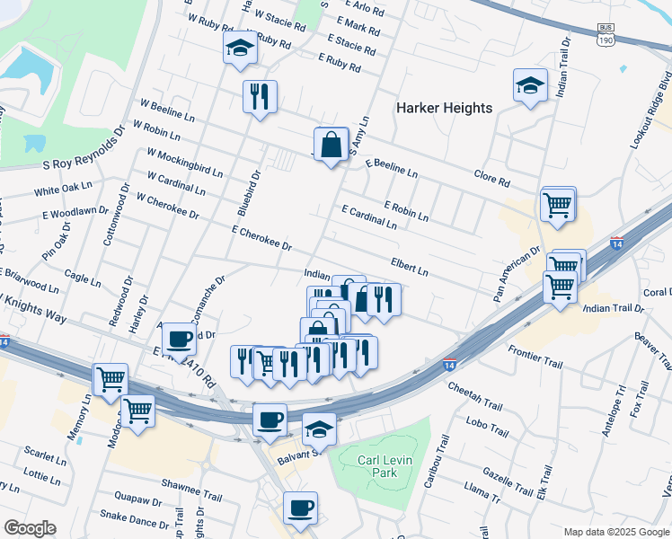 map of restaurants, bars, coffee shops, grocery stores, and more near 312 East Cherokee Drive in Harker Heights