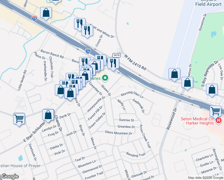 map of restaurants, bars, coffee shops, grocery stores, and more near 3106 Courtney Lane in Killeen