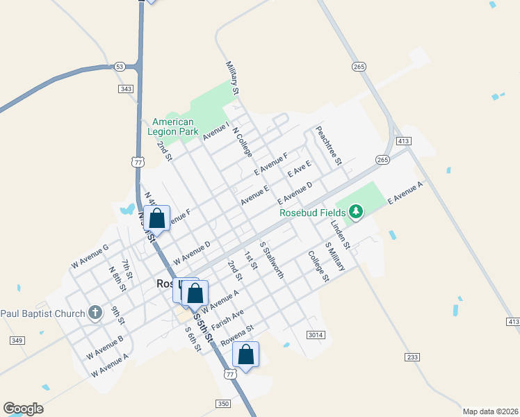 map of restaurants, bars, coffee shops, grocery stores, and more near 226 West Avenue D in Rosebud