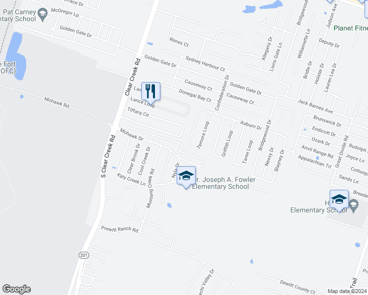 map of restaurants, bars, coffee shops, grocery stores, and more near 6404 Temora Loop in Killeen