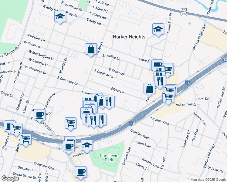 map of restaurants, bars, coffee shops, grocery stores, and more near 316 Elbert Lane in Harker Heights