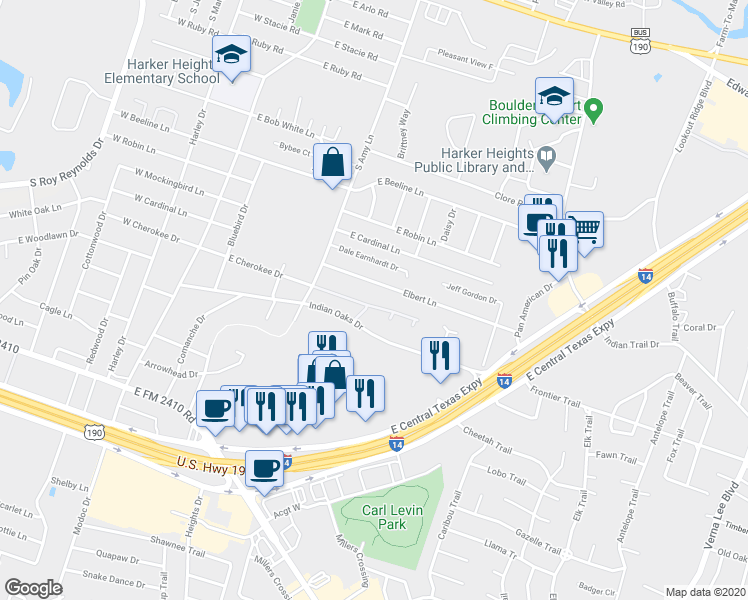 map of restaurants, bars, coffee shops, grocery stores, and more near 331 East Cherokee Drive in Harker Heights