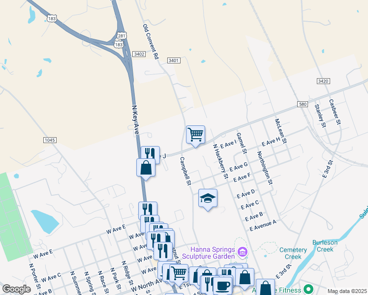 map of restaurants, bars, coffee shops, grocery stores, and more near 1101 Old Convent Road in Lampasas