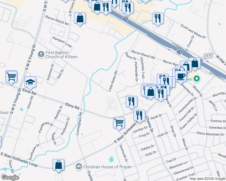 map of restaurants, bars, coffee shops, grocery stores, and more near 3303 Chisholm Circle in Killeen