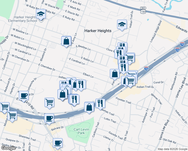 map of restaurants, bars, coffee shops, grocery stores, and more near 407 Elbert Lane in Harker Heights