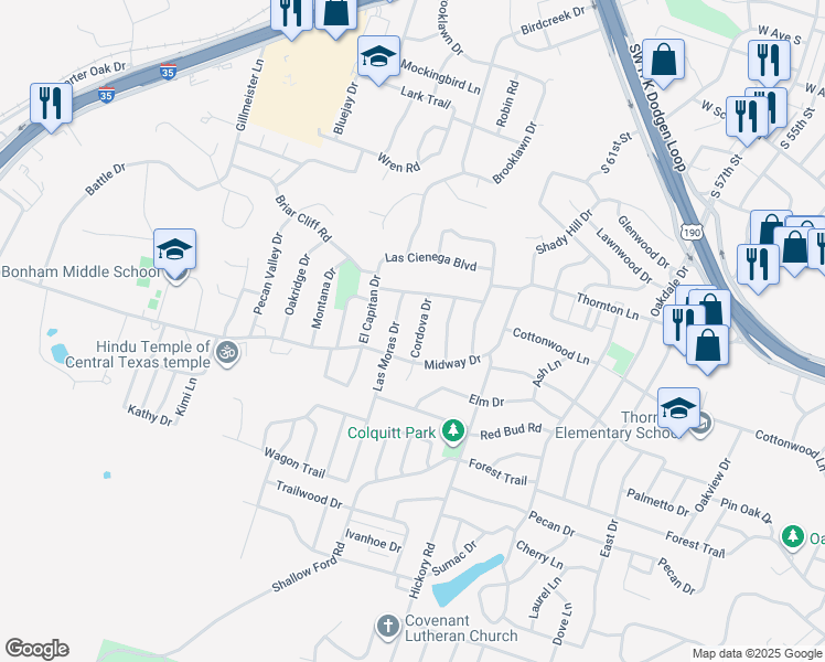 map of restaurants, bars, coffee shops, grocery stores, and more near 3110 Cordova Drive in Temple