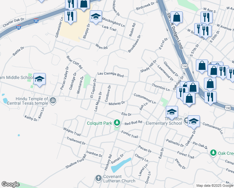 map of restaurants, bars, coffee shops, grocery stores, and more near 3105 Las Cruces Boulevard in Temple