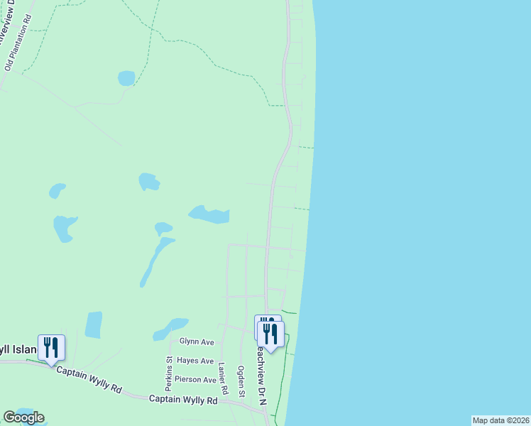 map of restaurants, bars, coffee shops, grocery stores, and more near 850 Beachview Drive North in Jekyll Island