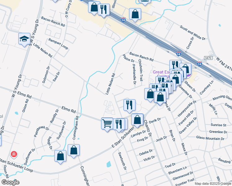 map of restaurants, bars, coffee shops, grocery stores, and more near 3405 Chisholm Trail in Killeen