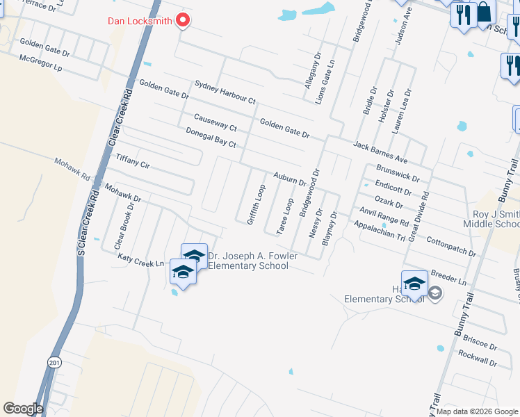 map of restaurants, bars, coffee shops, grocery stores, and more near 6304 Griffith Loop in Killeen
