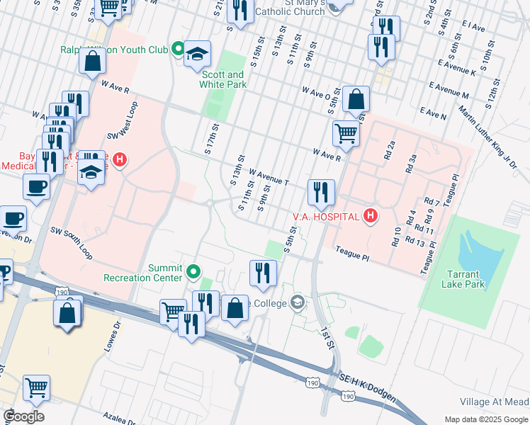 map of restaurants, bars, coffee shops, grocery stores, and more near 2106 South 7th Street in Temple