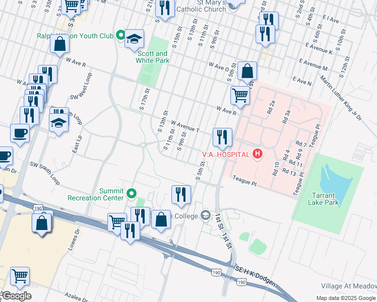 map of restaurants, bars, coffee shops, grocery stores, and more near 2106 South 7th Street in Temple