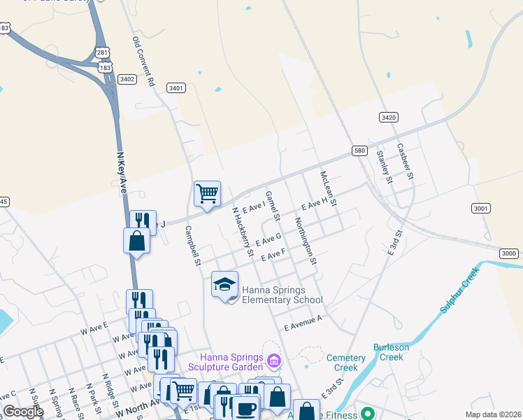 map of restaurants, bars, coffee shops, grocery stores, and more near 904 East Ave I in Lampasas