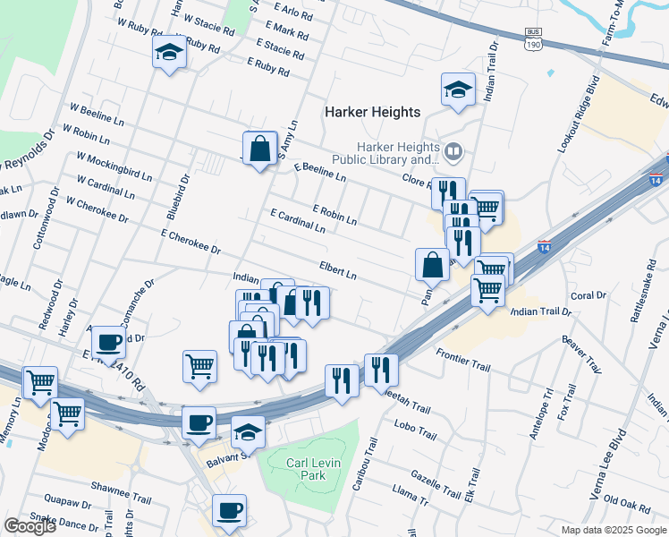 map of restaurants, bars, coffee shops, grocery stores, and more near 316 Elbert Lane in Harker Heights
