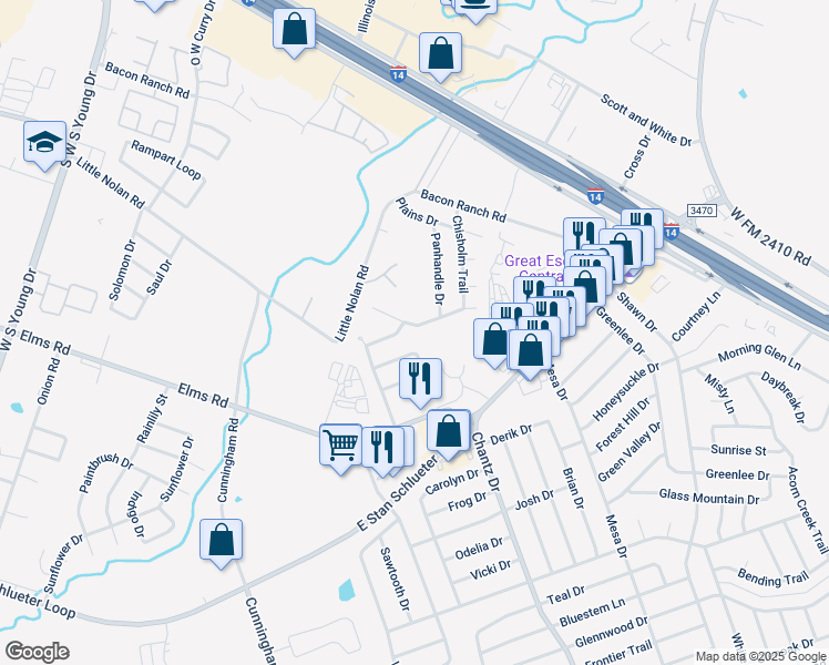 map of restaurants, bars, coffee shops, grocery stores, and more near 3420 Chisholm Trail in Killeen