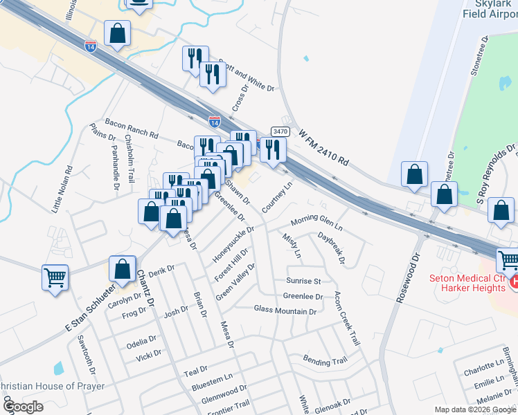 map of restaurants, bars, coffee shops, grocery stores, and more near 3106 Courtney Lane in Killeen