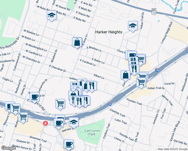 map of restaurants, bars, coffee shops, grocery stores, and more near 316 Elbert Lane in Harker Heights