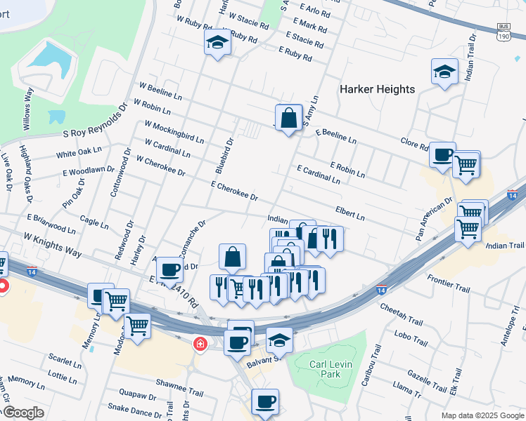 map of restaurants, bars, coffee shops, grocery stores, and more near in Harker Heights